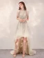 Haute Basse Champagne Transparentes Robe De Cocktail 2020 Princesse Encolure Dégagée Sans Manches Fait main Perlage Asymétrique Volants Robe De Ceremonie