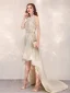 Haute Basse Champagne Transparentes Robe De Cocktail 2020 Princesse Encolure Dégagée Sans Manches Fait main Perlage Asymétrique Volants Robe De Ceremonie