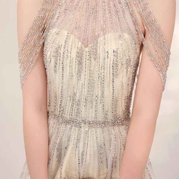 Haute Basse Champagne Transparentes Robe De Cocktail 2020 Princesse Encolure Dégagée Sans Manches Fait main Perlage Asymétrique Volants Robe De Ceremonie