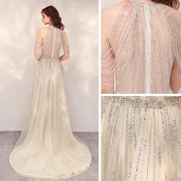 Haute Basse Champagne Transparentes Robe De Cocktail 2020 Princesse Encolure Dégagée Sans Manches Fait main Perlage Asymétrique Volants Robe De Ceremonie