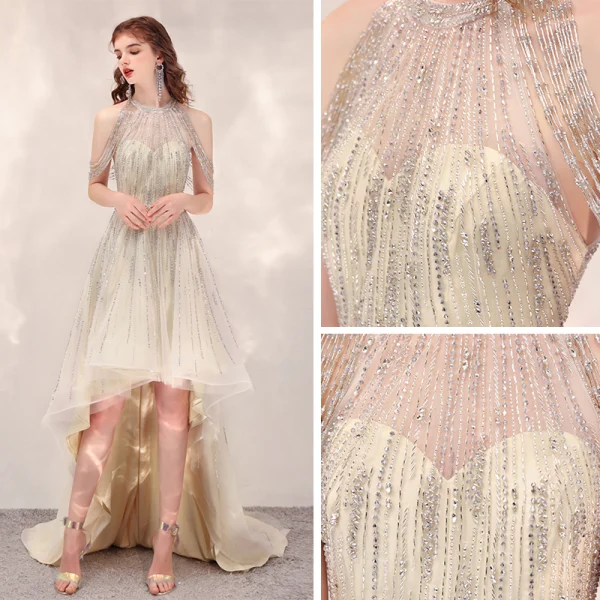 Haute Basse Champagne Transparentes Robe De Cocktail 2020 Princesse Encolure Dégagée Sans Manches Fait main Perlage Asymétrique Volants Robe De Ceremonie