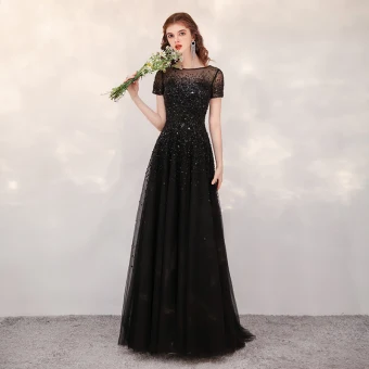 Haut De Gamme Noire Transparentes Robe De Soirée 2020 Princesse Encolure Carrée Manches Courtes Paillettes Perlage Train De Balayage Volants Robe De Ceremonie