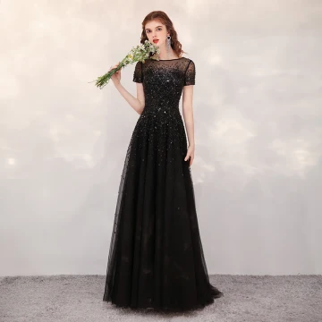 Haut De Gamme Noire Transparentes Robe De Soirée 2020 Princesse Encolure Carrée Manches Courtes Paillettes Perlage Train De Balayage Volants Robe De Ceremonie