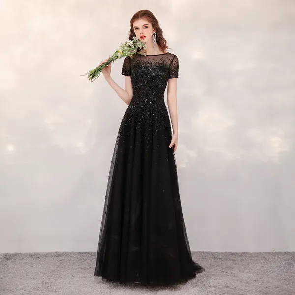 High-end Black See-through Evening Dresses  2020 A-Line / Princess Square Neckline Short Sleeve Sequins Beading Sweep Train Ruffle Formal Dresses