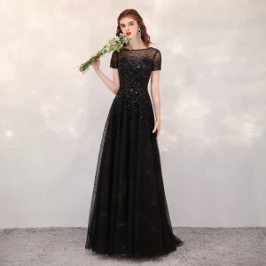 High End Schwarz Durchsichtige Abendkleider 2020 A Linie Eckiger Ausschnitt Kurze Ärmel Pailletten Perlenstickerei Sweep Pinsel Zug Rüschen Festliche Kleider