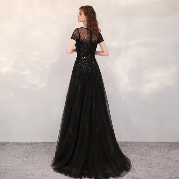 High End Schwarz Durchsichtige Abendkleider 2020 A Linie Eckiger Ausschnitt Kurze Ärmel Pailletten Perlenstickerei Sweep / Pinsel Zug Rüschen Festliche Kleider