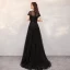 High End Schwarz Durchsichtige Abendkleider 2020 A Linie Eckiger Ausschnitt Kurze Ärmel Pailletten Perlenstickerei Sweep / Pinsel Zug Rüschen Festliche Kleider
