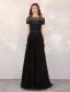 High End Schwarz Durchsichtige Abendkleider 2020 A Linie Eckiger Ausschnitt Kurze Ärmel Pailletten Perlenstickerei Sweep / Pinsel Zug Rüschen Festliche Kleider