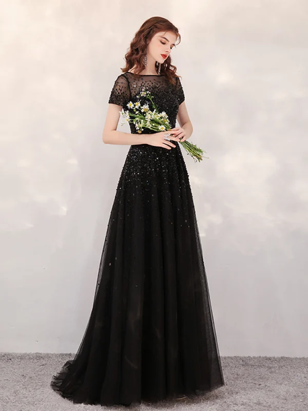 High End Schwarz Durchsichtige Abendkleider 2020 A Linie Eckiger Ausschnitt Kurze Ärmel Pailletten Perlenstickerei Sweep / Pinsel Zug Rüschen Festliche Kleider