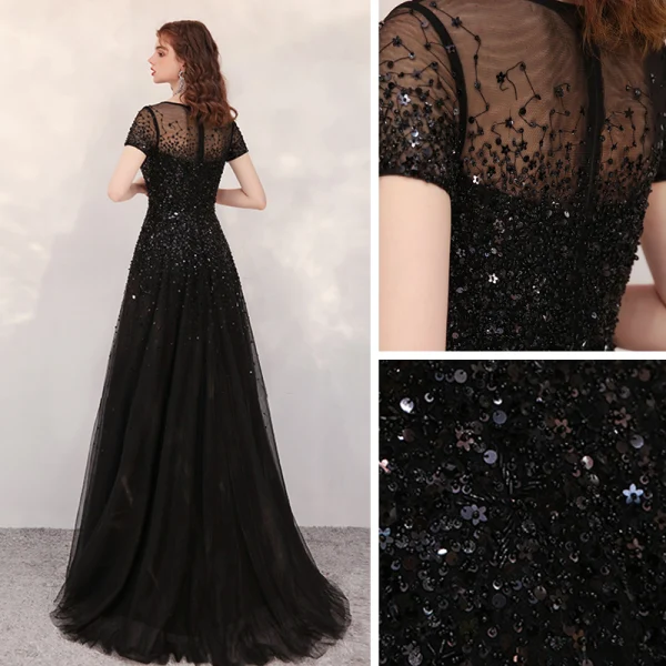 High End Schwarz Durchsichtige Abendkleider 2020 A Linie Eckiger Ausschnitt Kurze Ärmel Pailletten Perlenstickerei Sweep / Pinsel Zug Rüschen Festliche Kleider