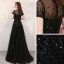 High End Schwarz Durchsichtige Abendkleider 2020 A Linie Eckiger Ausschnitt Kurze Ärmel Pailletten Perlenstickerei Sweep / Pinsel Zug Rüschen Festliche Kleider