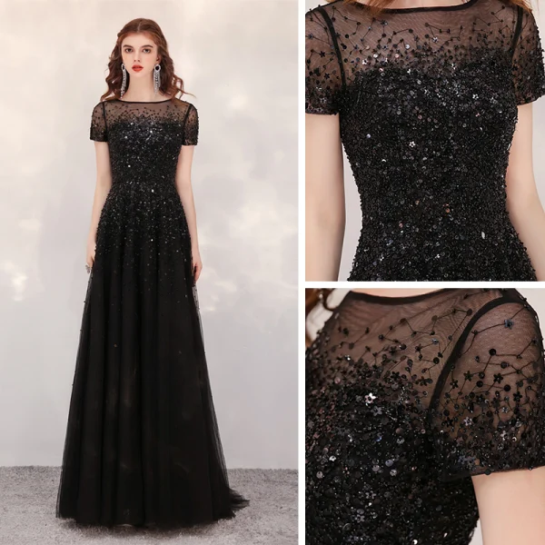 High End Schwarz Durchsichtige Abendkleider 2020 A Linie Eckiger Ausschnitt Kurze Ärmel Pailletten Perlenstickerei Sweep / Pinsel Zug Rüschen Festliche Kleider