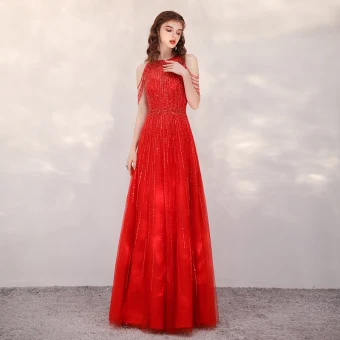 Haut De Gamme Rouge Robe De Soirée 2020 Princesse Encolure Dégagée Sans Manches Paillettes Perlage Longue Volants Robe De Ceremonie