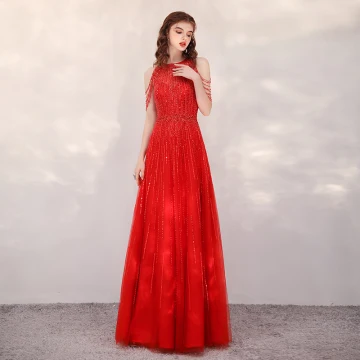 Haut De Gamme Rouge Robe De Soirée 2020 Princesse Encolure Dégagée Sans Manches Paillettes Perlage Longue Volants Robe De Ceremonie
