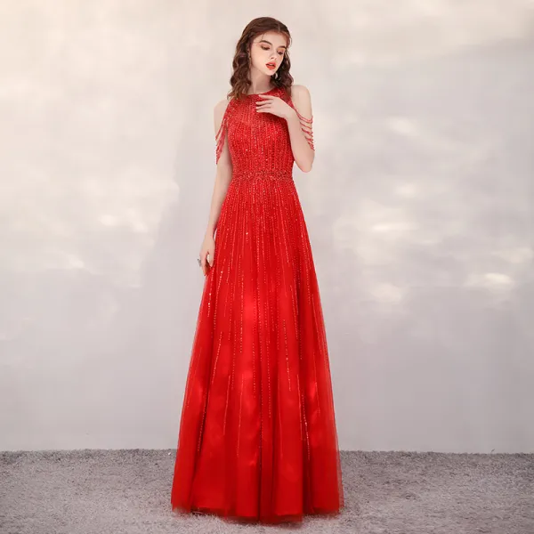 High-end Red Evening Dresses  2020 A-Line / Princess Scoop Neck Sleeveless Sequins Beading Floor-Length / Long Ruffle Formal Dresses