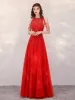 High-end Red Evening Dresses  2020 A-Line / Princess Scoop Neck Sleeveless Sequins Beading Floor-Length / Long Ruffle Formal Dresses