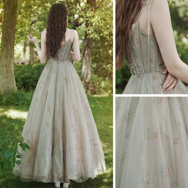 Élégant Champagne Robe De Bal 2020 Princesse Bretelles Spaghetti Sans Manches Appliques En Dentelle Faux Diamant Longue Volants Dos Nu Robe De Ceremonie