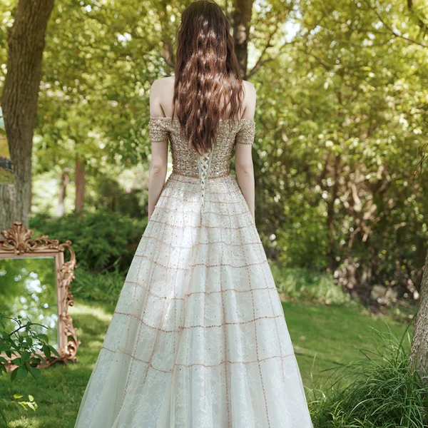 Best Gold Prom Dresses 2020 Ball Gown Off-The-Shoulder Short Sleeve Rhinestone Beading Floor-Length / Long Ruffle Backless Formal Dresses