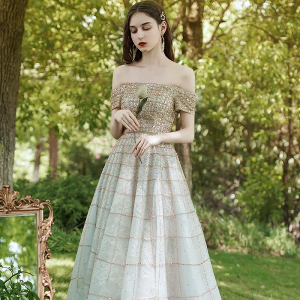 Best Gold Prom Dresses 2020 Ball Gown Off-The-Shoulder Short Sleeve Rhinestone Beading Floor-Length / Long Ruffle Backless Formal Dresses