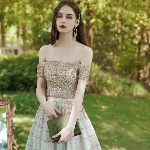 Best Gold Prom Dresses 2020 Ball Gown Off-The-Shoulder Short Sleeve Rhinestone Beading Floor-Length / Long Ruffle Backless Formal Dresses
