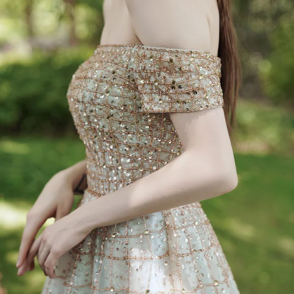 Best Gold Prom Dresses 2020 Ball Gown Off-The-Shoulder Short Sleeve Rhinestone Beading Floor-Length / Long Ruffle Backless Formal Dresses