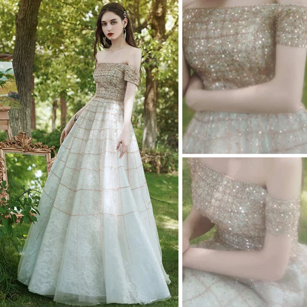 Best Gold Prom Dresses 2020 Ball Gown Off-The-Shoulder Short Sleeve Rhinestone Beading Floor-Length / Long Ruffle Backless Formal Dresses