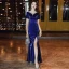 Vintage / Originale Bleu Roi Velour Robe De Soirée 2020 Trompette / Sirène Transparentes Encolure Dégagée Manches Courtes Faux Diamant Fendue devant Longue Robe De Ceremonie