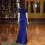 Vintage / Originale Bleu Roi Velour Robe De Soirée 2020 Trompette / Sirène Transparentes Encolure Dégagée Manches Courtes Faux Diamant Fendue devant Longue Robe De Ceremonie