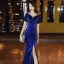 Vintage / Originale Bleu Roi Velour Robe De Soirée 2020 Trompette / Sirène Transparentes Encolure Dégagée Manches Courtes Faux Diamant Fendue devant Longue Robe De Ceremonie