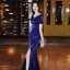 Vintage / Originale Bleu Roi Velour Robe De Soirée 2020 Trompette / Sirène Transparentes Encolure Dégagée Manches Courtes Faux Diamant Fendue devant Longue Robe De Ceremonie