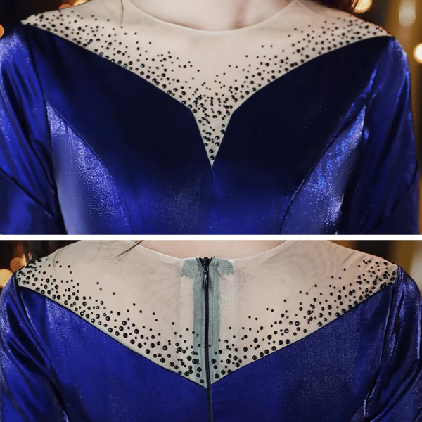 Vintage / Originale Bleu Roi Velour Robe De Soirée 2020 Trompette / Sirène Transparentes Encolure Dégagée Manches Courtes Faux Diamant Fendue devant Longue Robe De Ceremonie