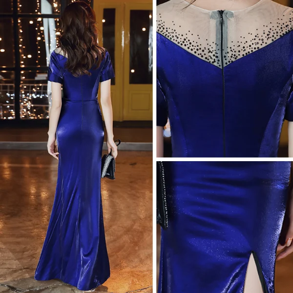 Vintage / Originale Bleu Roi Velour Robe De Soirée 2020 Trompette / Sirène Transparentes Encolure Dégagée Manches Courtes Faux Diamant Fendue devant Longue Robe De Ceremonie