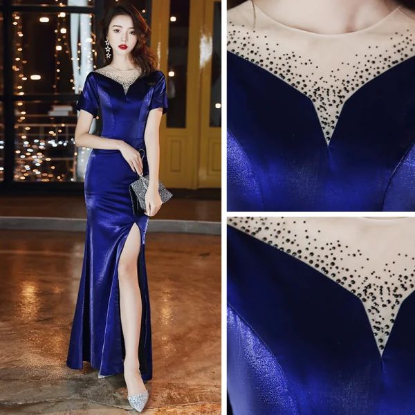 Vintage / Originale Bleu Roi Velour Robe De Soirée 2020 Trompette / Sirène Transparentes Encolure Dégagée Manches Courtes Faux Diamant Fendue devant Longue Robe De Ceremonie