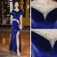 Vintage / Originale Bleu Roi Velour Robe De Soirée 2020 Trompette / Sirène Transparentes Encolure Dégagée Manches Courtes Faux Diamant Fendue devant Longue Robe De Ceremonie