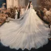 Romantic Ivory Bridal Wedding Dresses 2020 Ball Gown Strapless Sleeveless Backless Glitter Tulle Cathedral Train Ruffle
