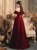 Modest / Simple Red Velour Evening Dresses  2020 A-Line / Princess Off-The-Shoulder Bell sleeves Floor-Length / Long Ruffle Backless Formal Dresses