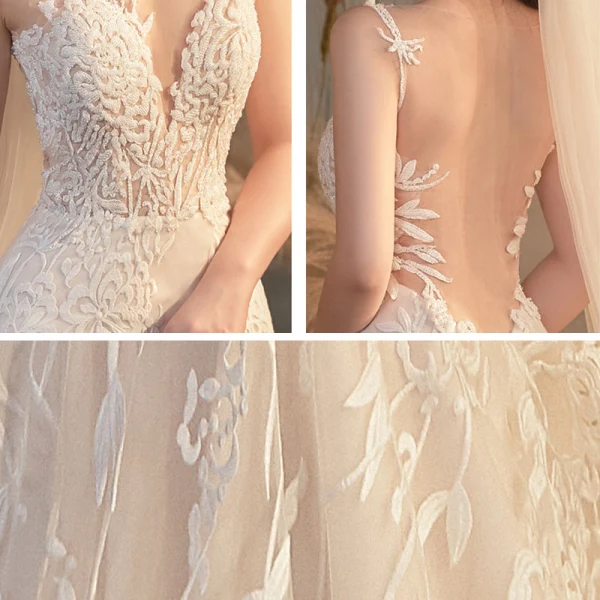 Illusion Champagne Transparentes La Mariée Robe De Mariée 2020 Trompette / Sirène Encolure Dégagée Sans Manches Dos Nu Appliques En Dentelle Perlage Train De Balayage Volants