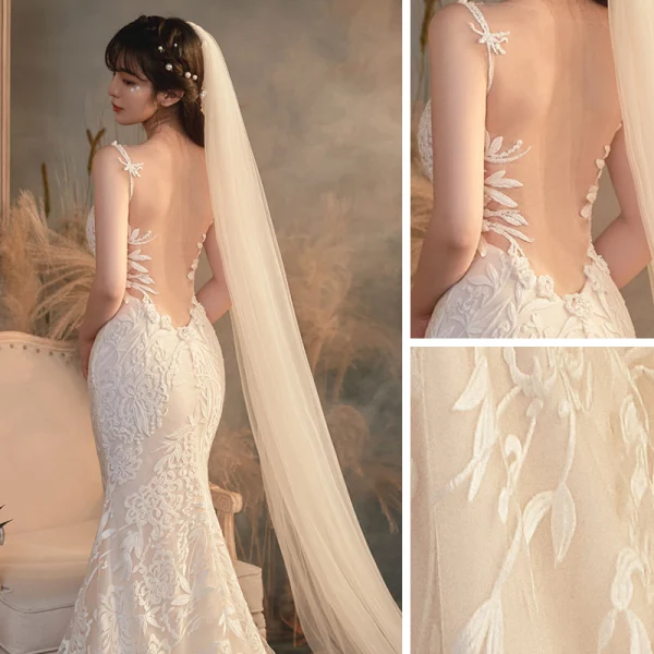 Illusion Champagne Transparentes La Mariée Robe De Mariée 2020 Trompette / Sirène Encolure Dégagée Sans Manches Dos Nu Appliques En Dentelle Perlage Train De Balayage Volants
