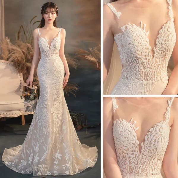 Illusion Champagne Transparentes La Mariée Robe De Mariée 2020 Trompette / Sirène Encolure Dégagée Sans Manches Dos Nu Appliques En Dentelle Perlage Train De Balayage Volants