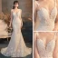 Illusion Champagne Transparentes La Mariée Robe De Mariée 2020 Trompette / Sirène Encolure Dégagée Sans Manches Dos Nu Appliques En Dentelle Perlage Train De Balayage Volants