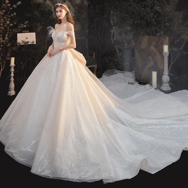 Elegant Champagne Bridal Wedding Dresses 2020 Ball Gown Off-The-Shoulder Short Sleeve Backless Sequins Beading Glitter Tulle Cathedral Train Ruffle