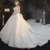 Elegant Champagne Bridal Wedding Dresses 2020 Ball Gown Off-The-Shoulder Short Sleeve Backless Sequins Beading Glitter Tulle Cathedral Train Ruffle