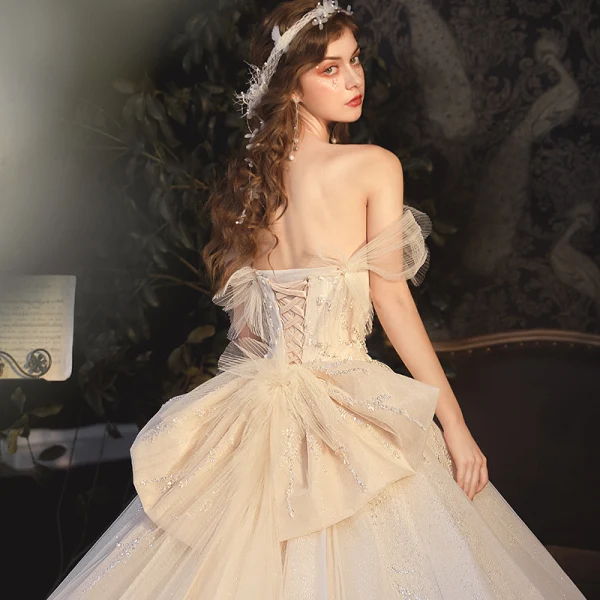 Elegant Champagne Bridal Wedding Dresses 2020 Ball Gown Off-The-Shoulder Short Sleeve Backless Sequins Beading Glitter Tulle Cathedral Train Ruffle