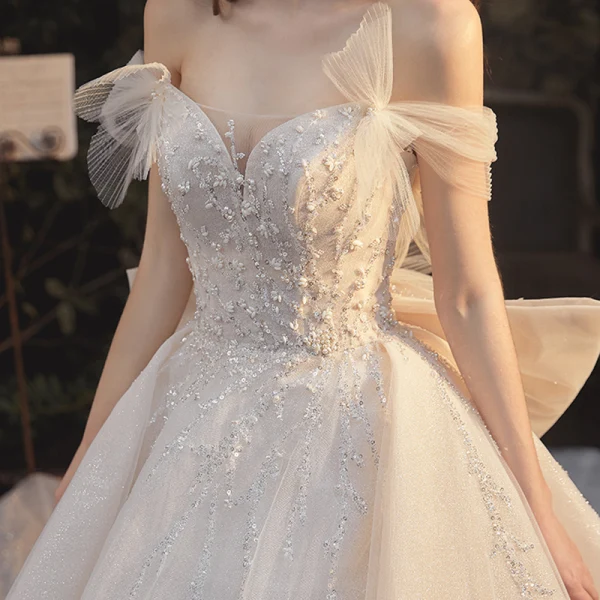Elegant Champagne Bridal Wedding Dresses 2020 Ball Gown Off-The-Shoulder Short Sleeve Backless Sequins Beading Glitter Tulle Cathedral Train Ruffle
