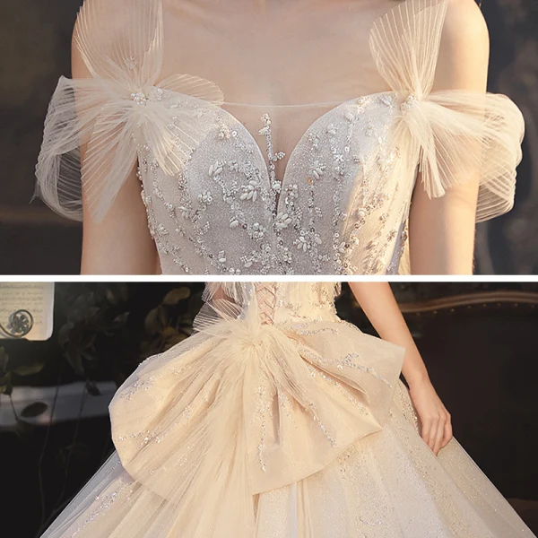 Elegant Champagne Bridal Wedding Dresses 2020 Ball Gown Off-The-Shoulder Short Sleeve Backless Sequins Beading Glitter Tulle Cathedral Train Ruffle