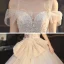 Elegant Champagne Bridal Wedding Dresses 2020 Ball Gown Off-The-Shoulder Short Sleeve Backless Sequins Beading Glitter Tulle Cathedral Train Ruffle