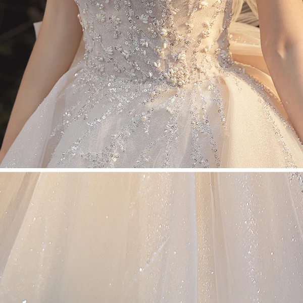 Elegant Champagne Bridal Wedding Dresses 2020 Ball Gown Off-The-Shoulder Short Sleeve Backless Sequins Beading Glitter Tulle Cathedral Train Ruffle