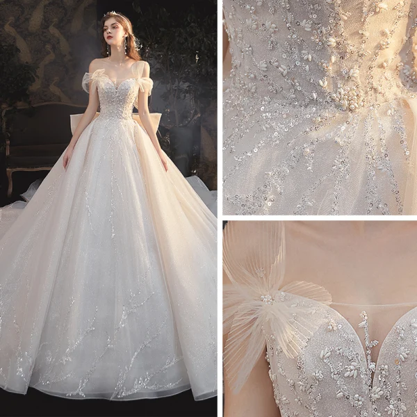 Elegant Champagne Bridal Wedding Dresses 2020 Ball Gown Off-The-Shoulder Short Sleeve Backless Sequins Beading Glitter Tulle Cathedral Train Ruffle