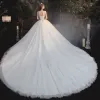 Vintage / Retro White Bridal Wedding Dresses 2020 Ball Gown See-through High Neck Sleeveless Backless Appliques Lace Beading Cathedral Train Ruffle
