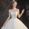 Vintage / Retro White Bridal Wedding Dresses 2020 Ball Gown See-through High Neck Sleeveless Backless Appliques Lace Beading Cathedral Train Ruffle